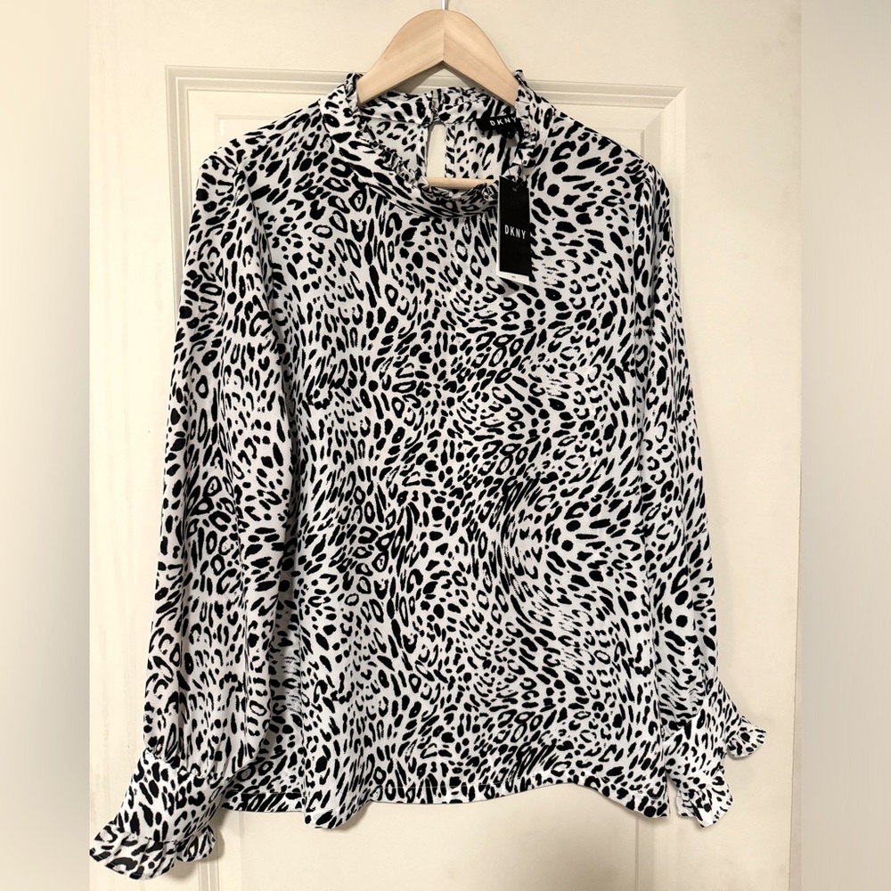 NWT DKNY White Leopard Print Long Sleeve Top